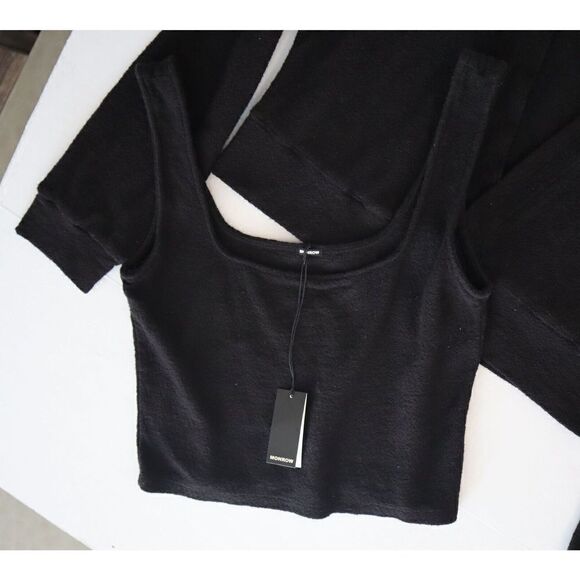 Monrow Women Sz S Black French Terry Tank Top & L/S Cropped Shirt 2-Pc Set - Picture 4 of 11
